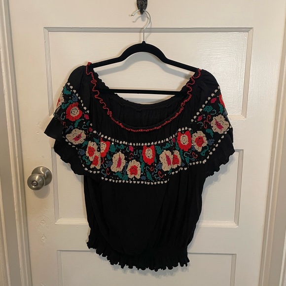 FREE PEOPLE Black Off The Shoulder Floral Embroidered Top - Picture 6 of 6